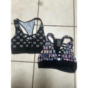 Lot of 2 Victorias Secret Pink Ultimate Lace Up Plunge Sports Bra LogoPrint S